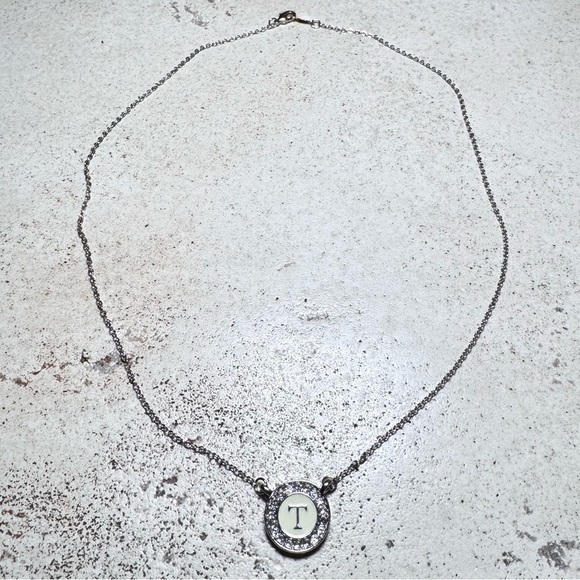 Jewelry - White Gold Bonded “T” Letter Necklace with Rhinestone Halo